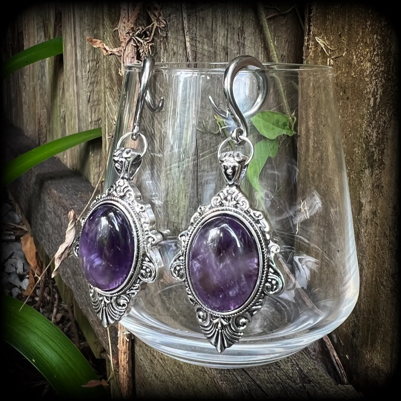Amethyst ear gauges-Gemstone gauged earrings