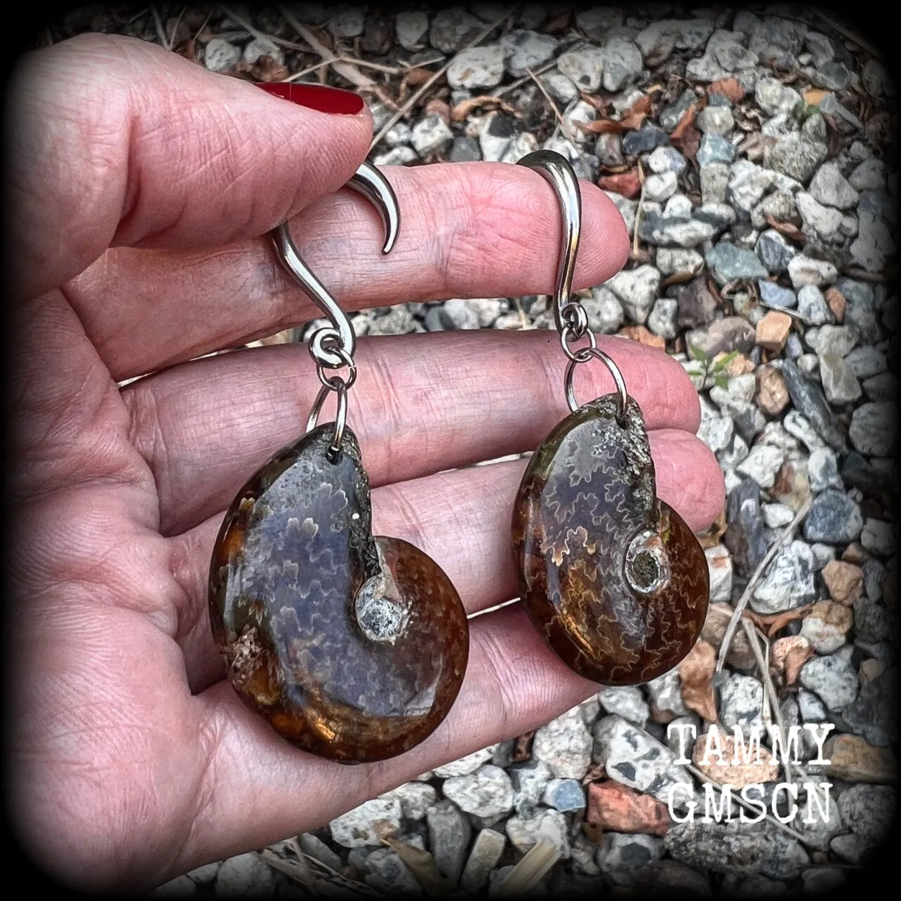 Ammonite gauged earrings-Fossil ear weights