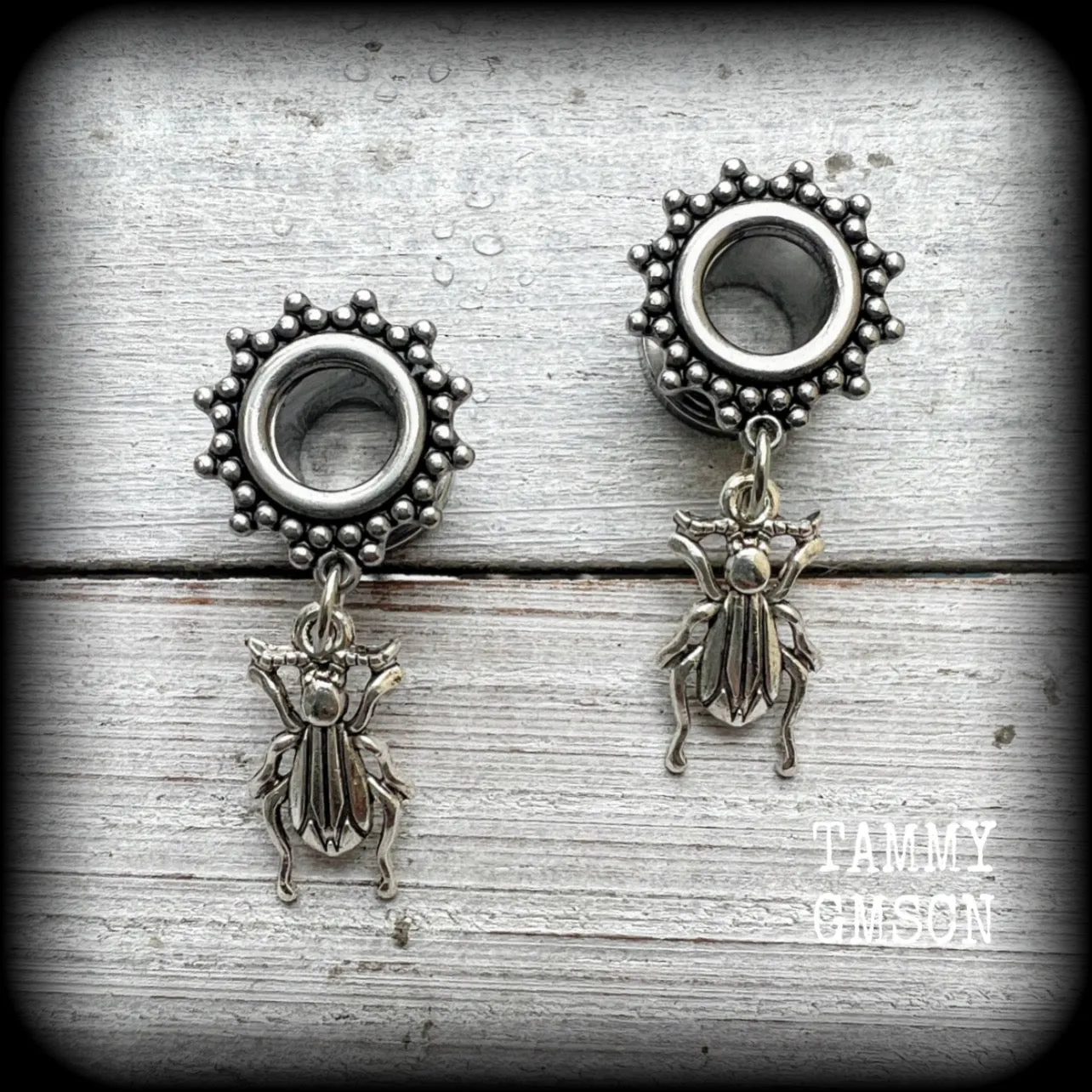 Antique silver beetle tunnel earrings-Insect ear gauges