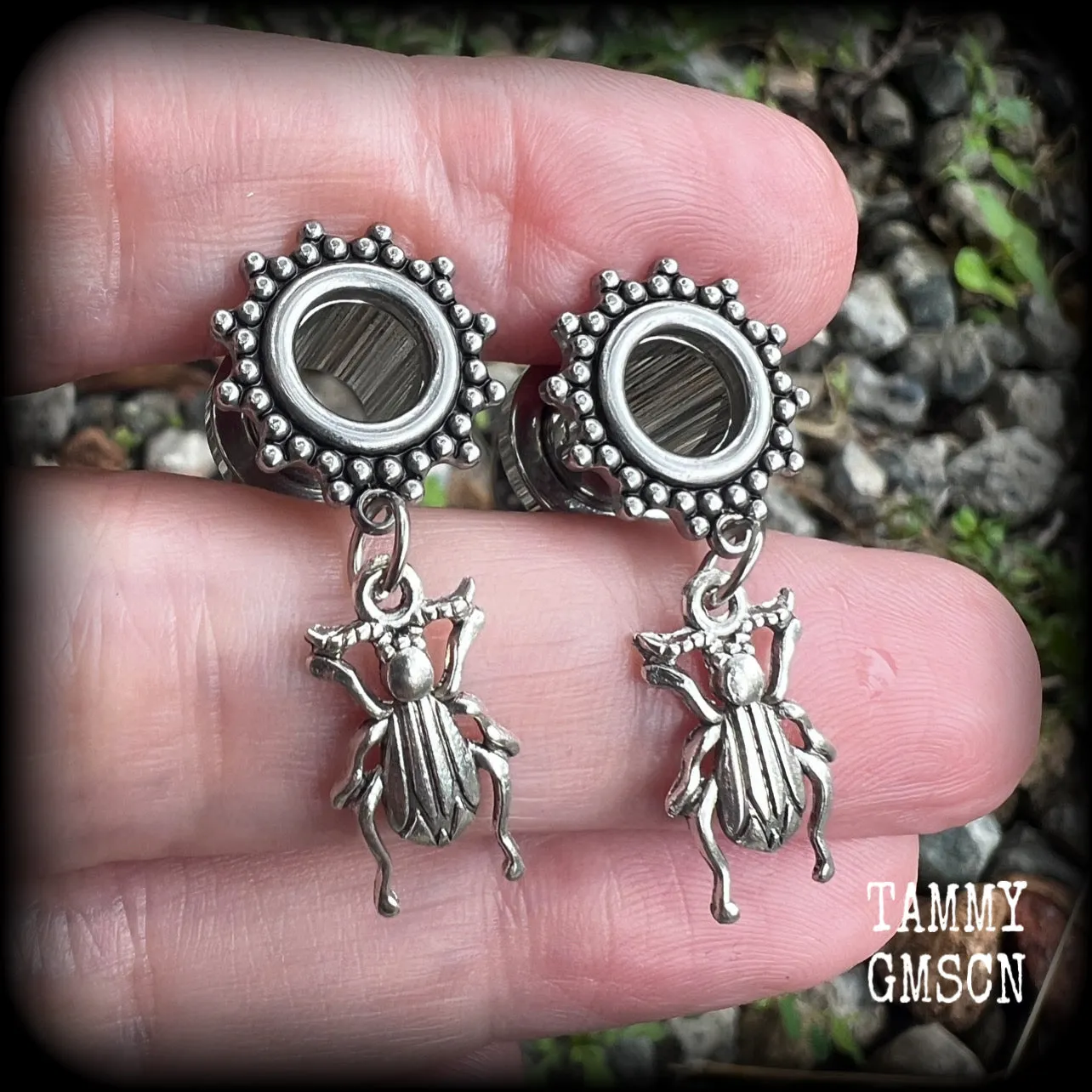 Antique silver beetle tunnel earrings-Insect ear gauges