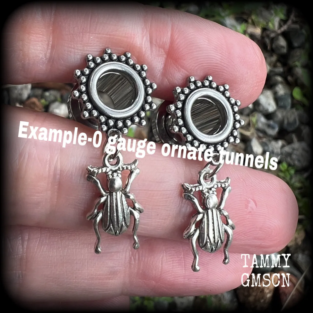 Antique silver beetle tunnel earrings-Insect ear gauges