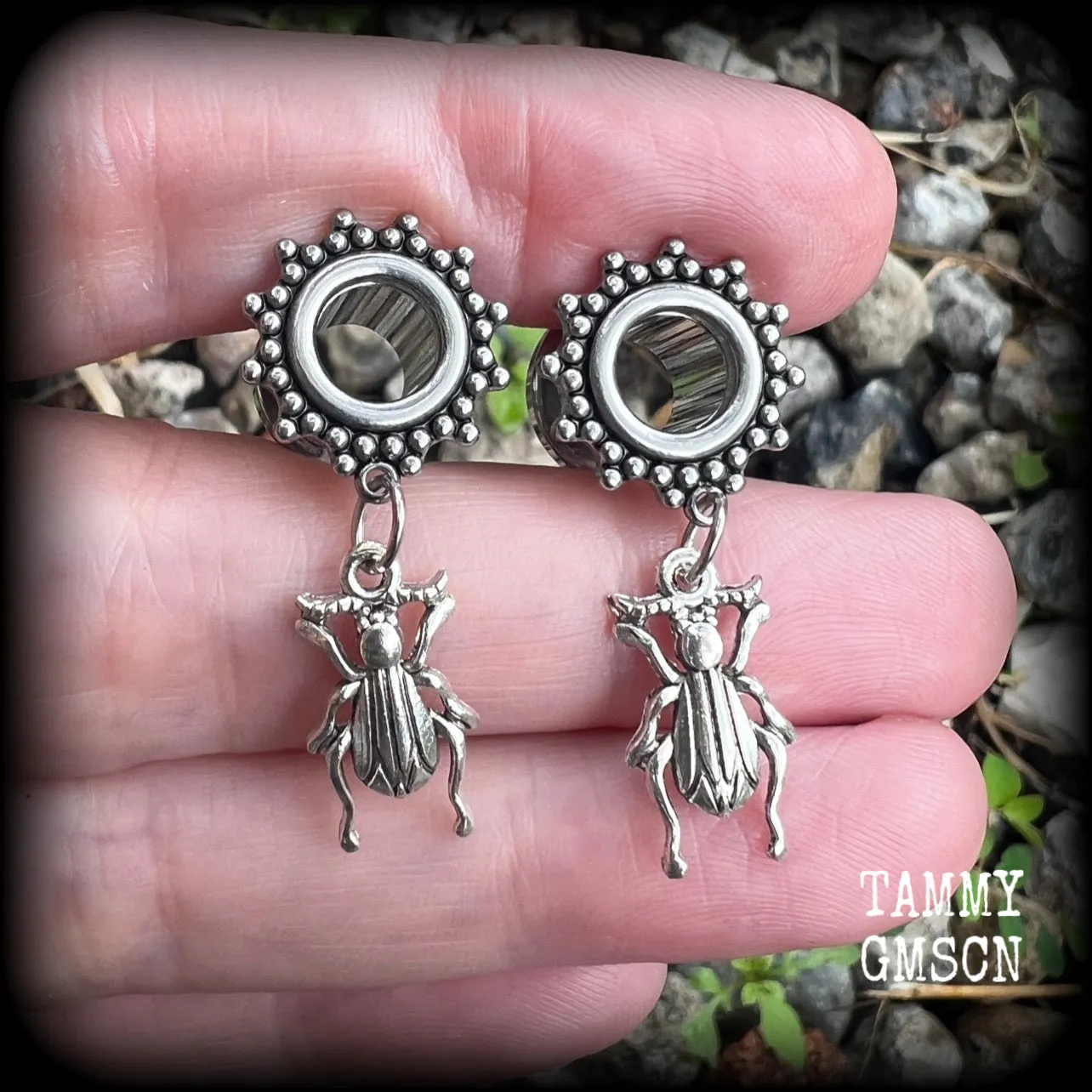Antique silver beetle tunnel earrings-Insect ear gauges