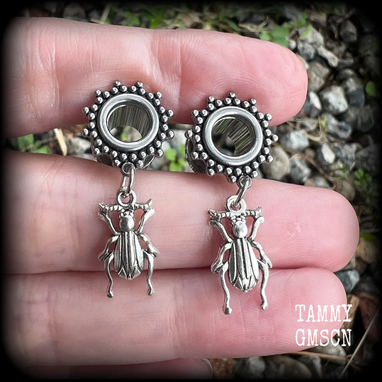 Antique silver beetle tunnel earrings-Insect ear gauges