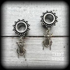 Antique silver beetle tunnel earrings-Insect ear gauges