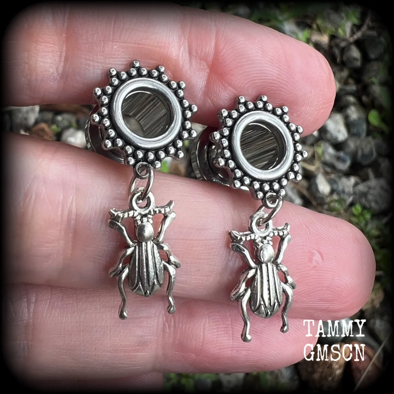 Antique silver beetle tunnel earrings-Insect ear gauges