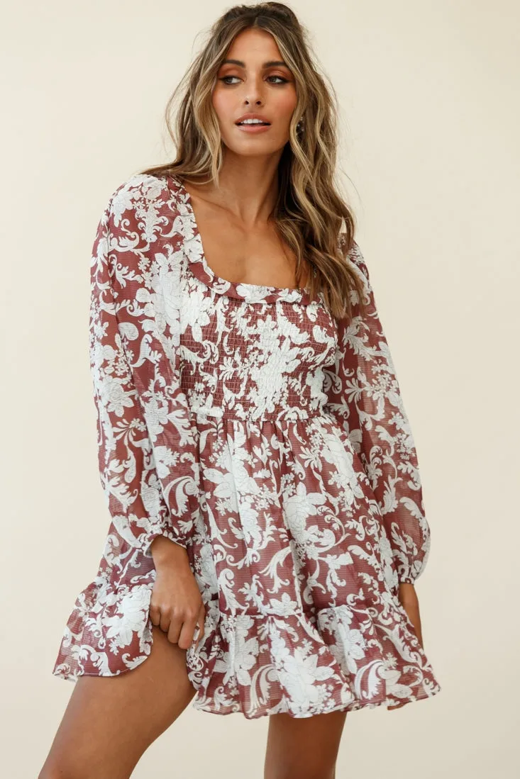 Athaliah Shirred Bust Balloon Sleeve Dress Ornate Print Maroon