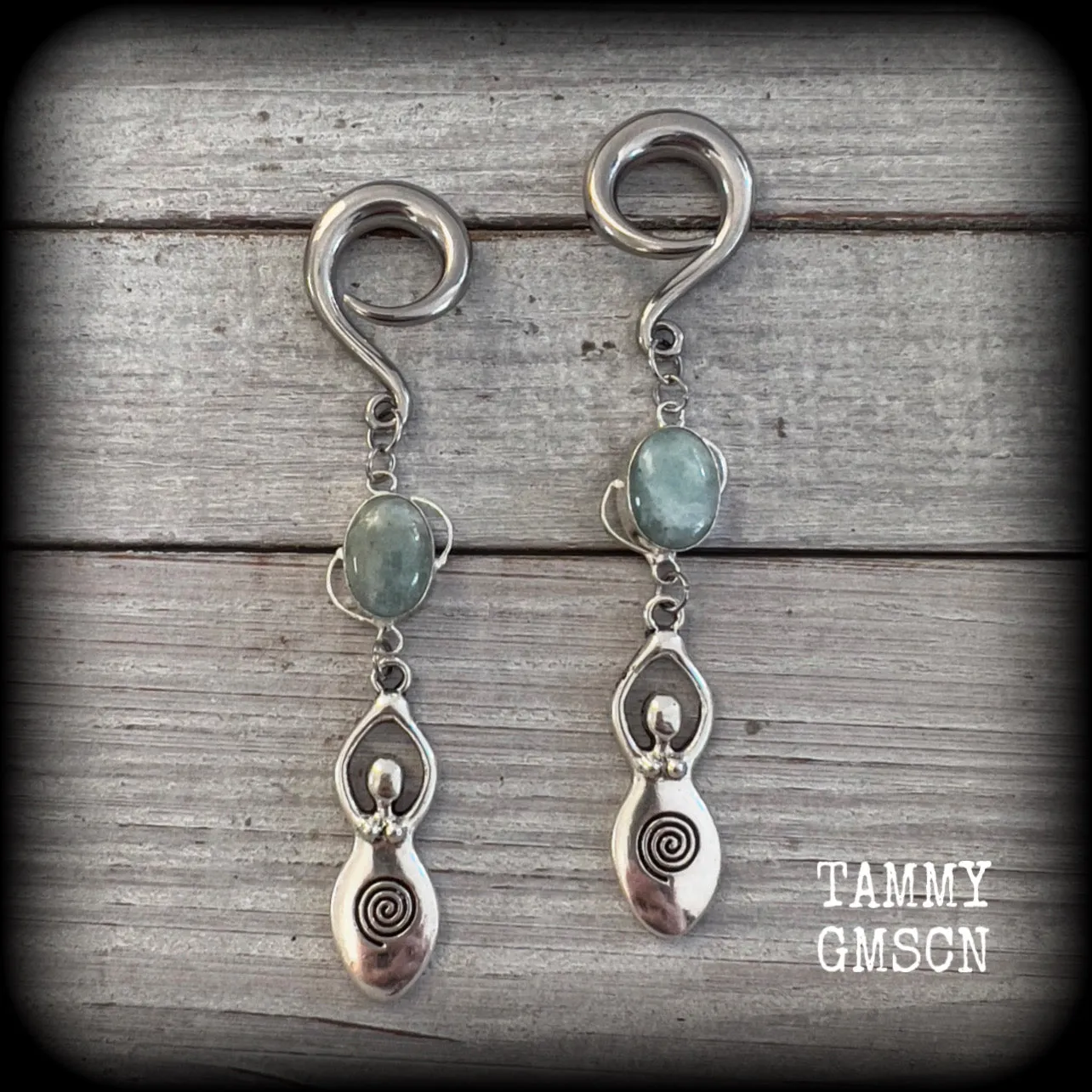 Aventurine spiral goddess ear hangers-Gemstone goddess ear weights