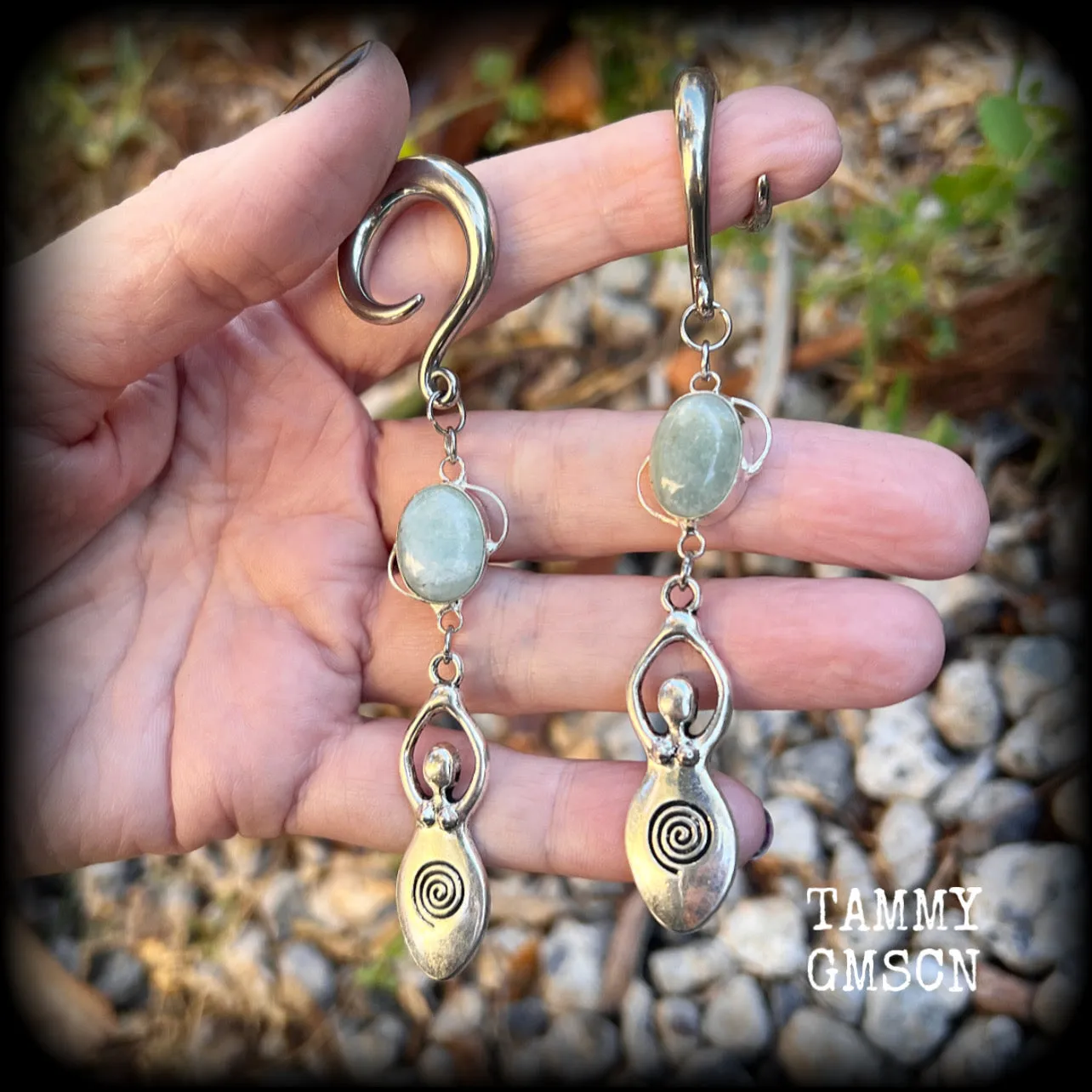 Aventurine spiral goddess ear hangers-Gemstone goddess ear weights