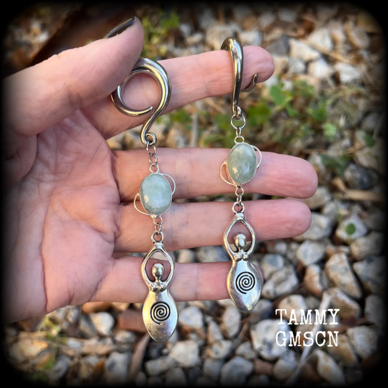Aventurine spiral goddess ear hangers-Gemstone goddess ear weights