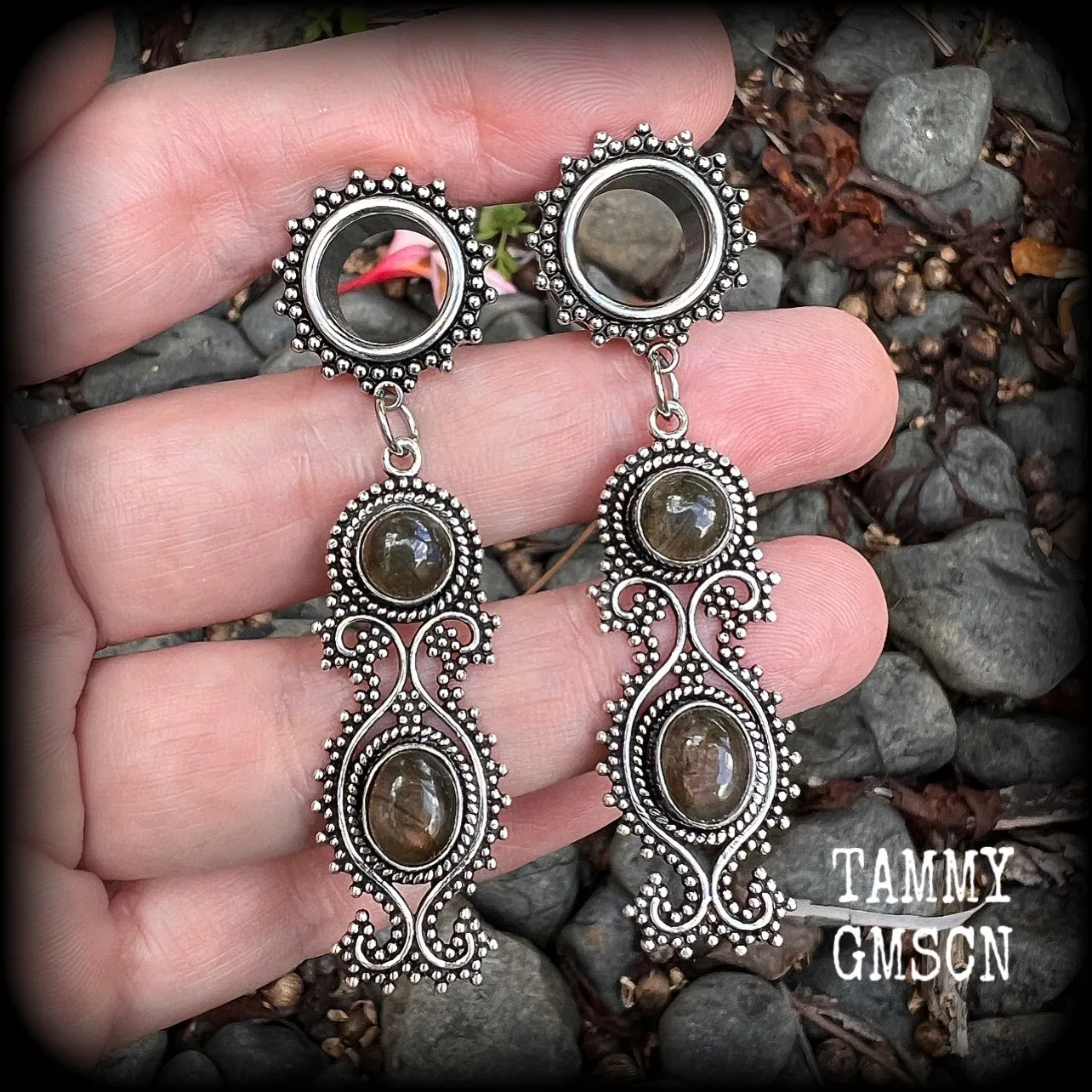 Boho gypsy Labradorite gemstone tunnel earrings