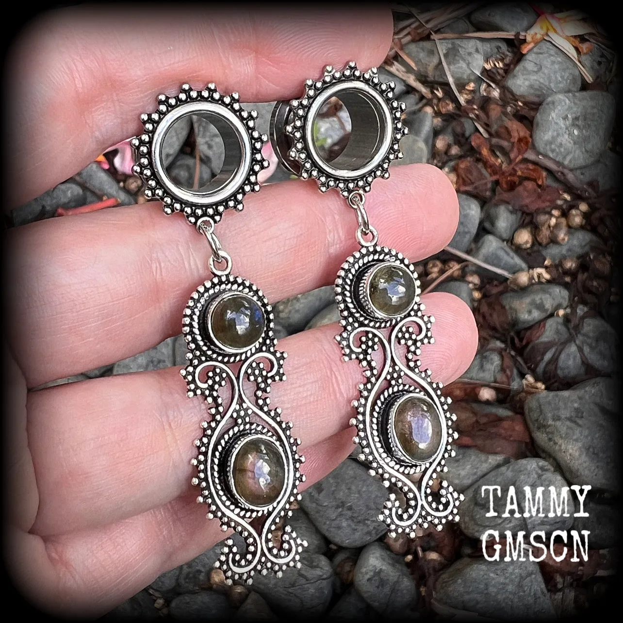 Boho gypsy Labradorite gemstone tunnel earrings