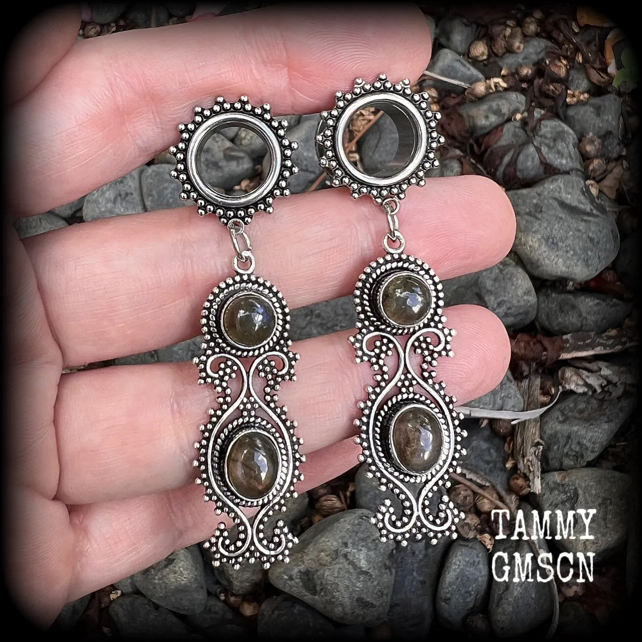 Boho gypsy Labradorite gemstone tunnel earrings