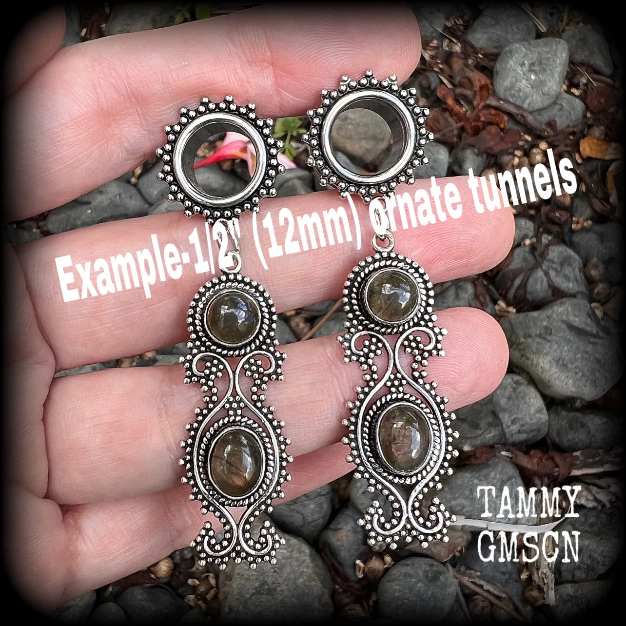 Boho gypsy Labradorite gemstone tunnel earrings