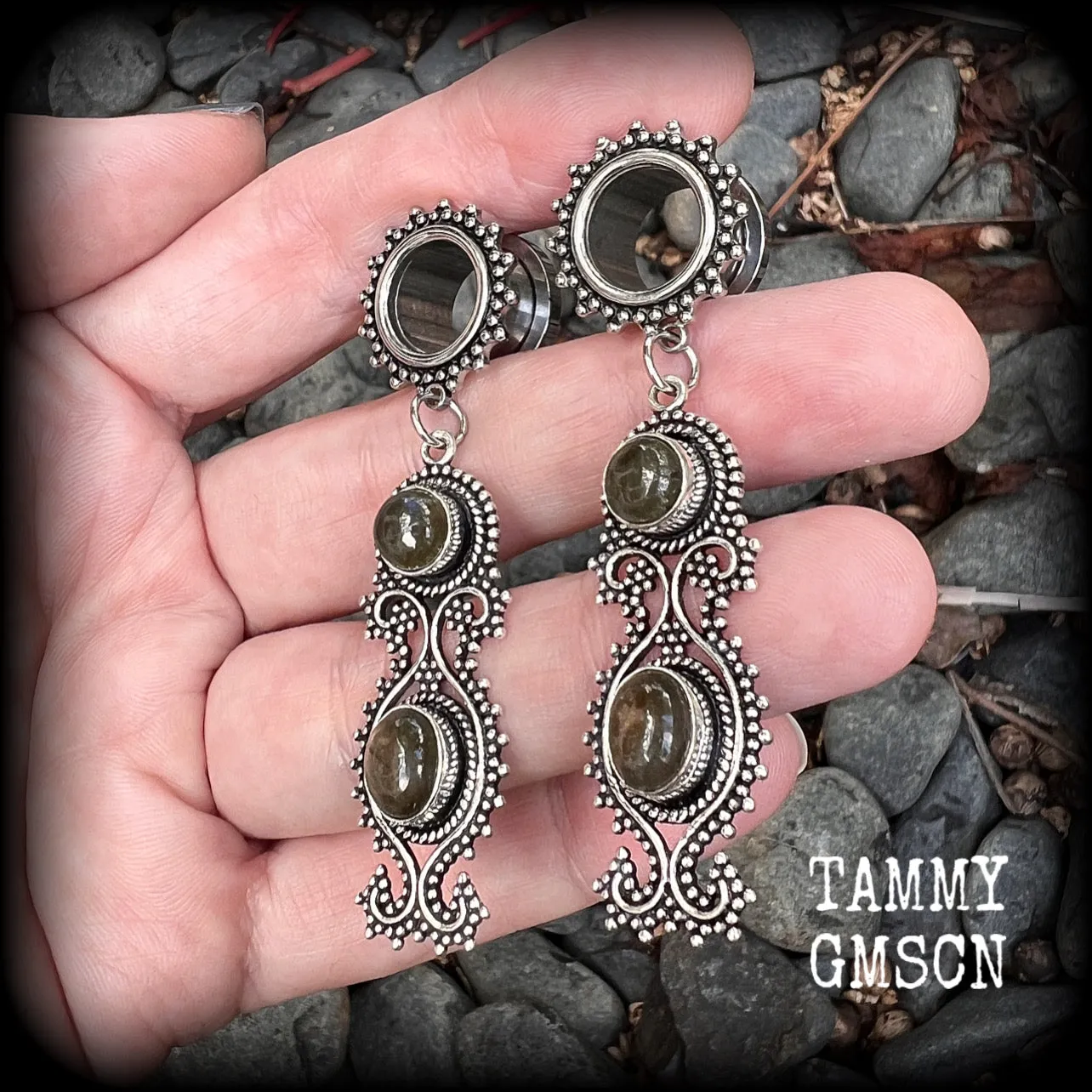 Boho gypsy Labradorite gemstone tunnel earrings