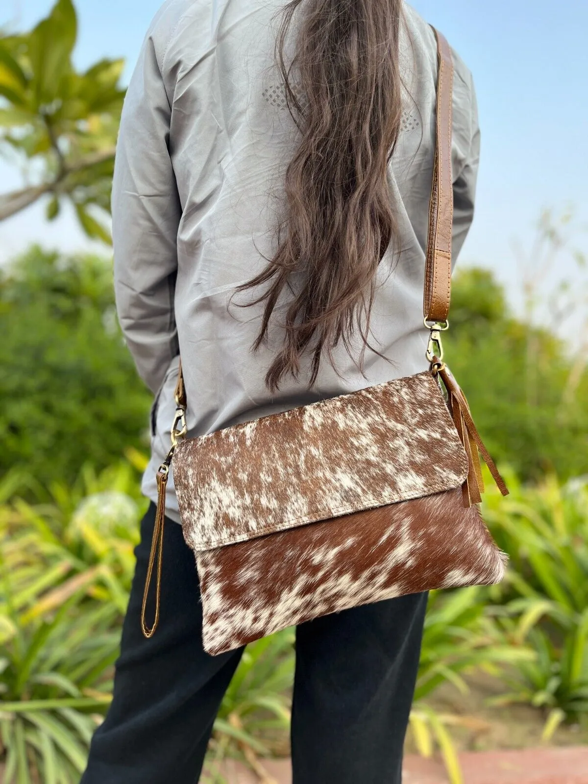 Brown White Speckled Cowhide Sling Purse