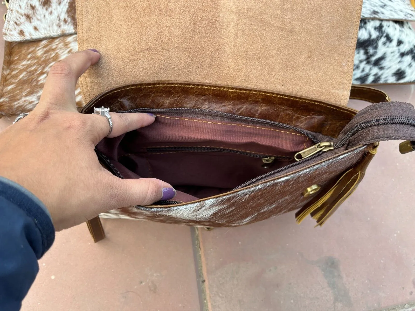 Brown White Speckled Cowhide Sling Purse
