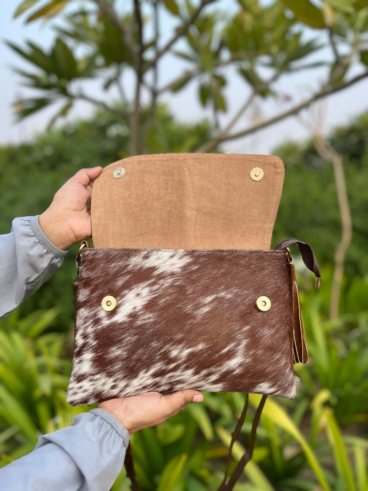Brown White Speckled Cowhide Sling Purse