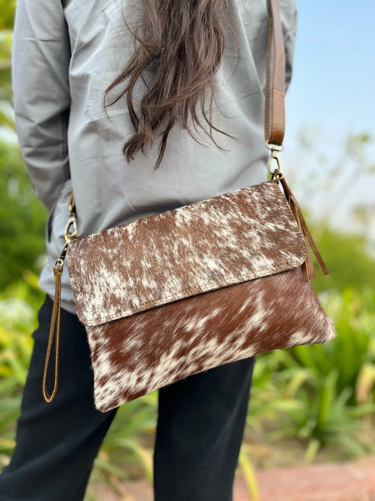 Brown White Speckled Cowhide Sling Purse