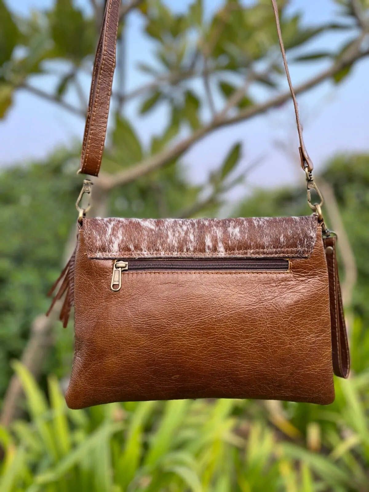 Brown White Speckled Cowhide Sling Purse