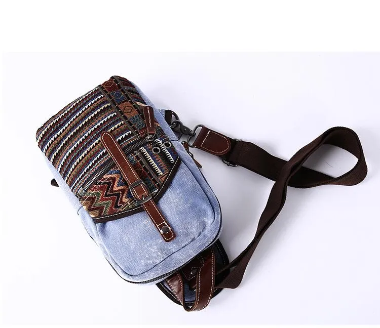 Canvas Mens Folk Gray Chest Bag One Shoulder Backpack Gray Sling Bag for Men
