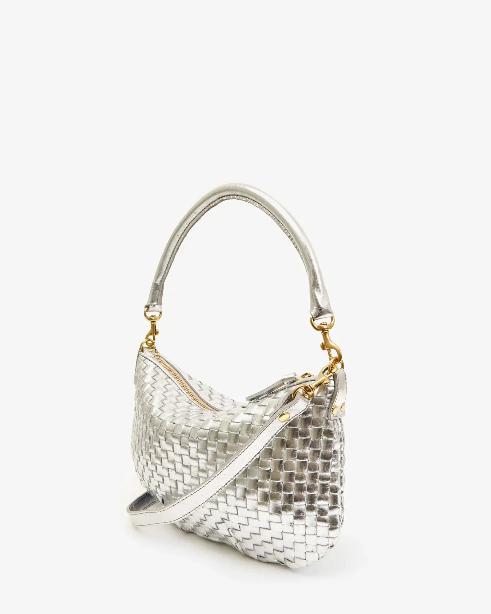 Clare V. Petit Moyen Bag - Silver Specchio Woven Checker