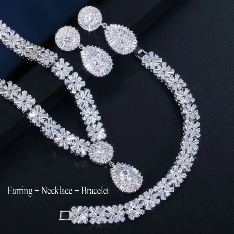 Exquisite Sparkling CZ Stone Gold or Silver Wedding 3 piece Jewelry Set for Brides