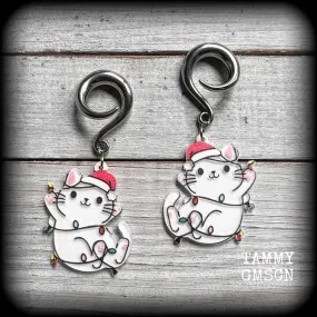 Festive cat earrings-Christmas gauged earrings