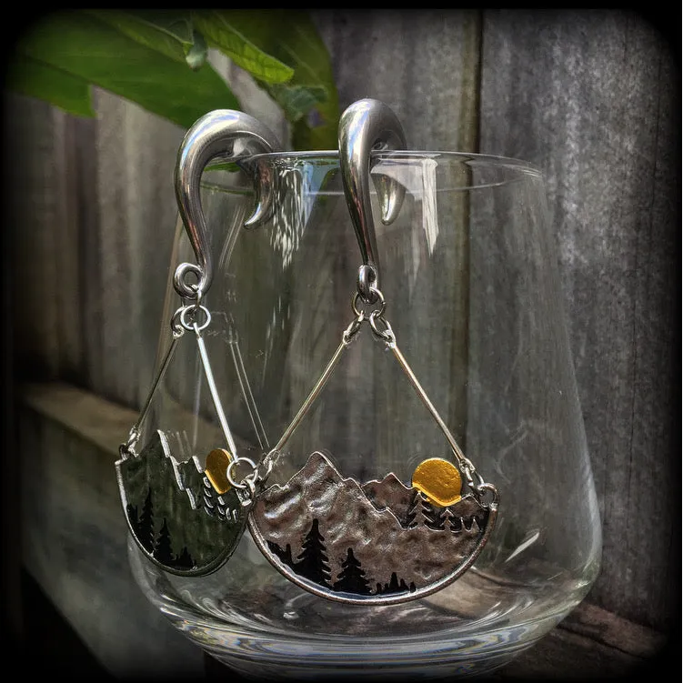 Fir tree ear weights-Forest sunrise gauged earrings