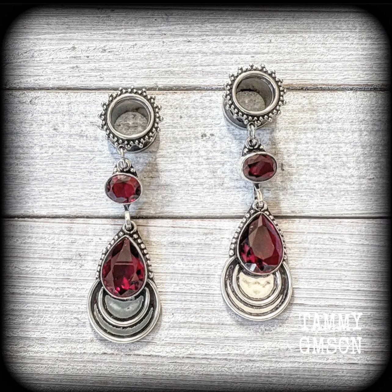 Garnet gemstone tunnel dangles-Garnet gauged earrings