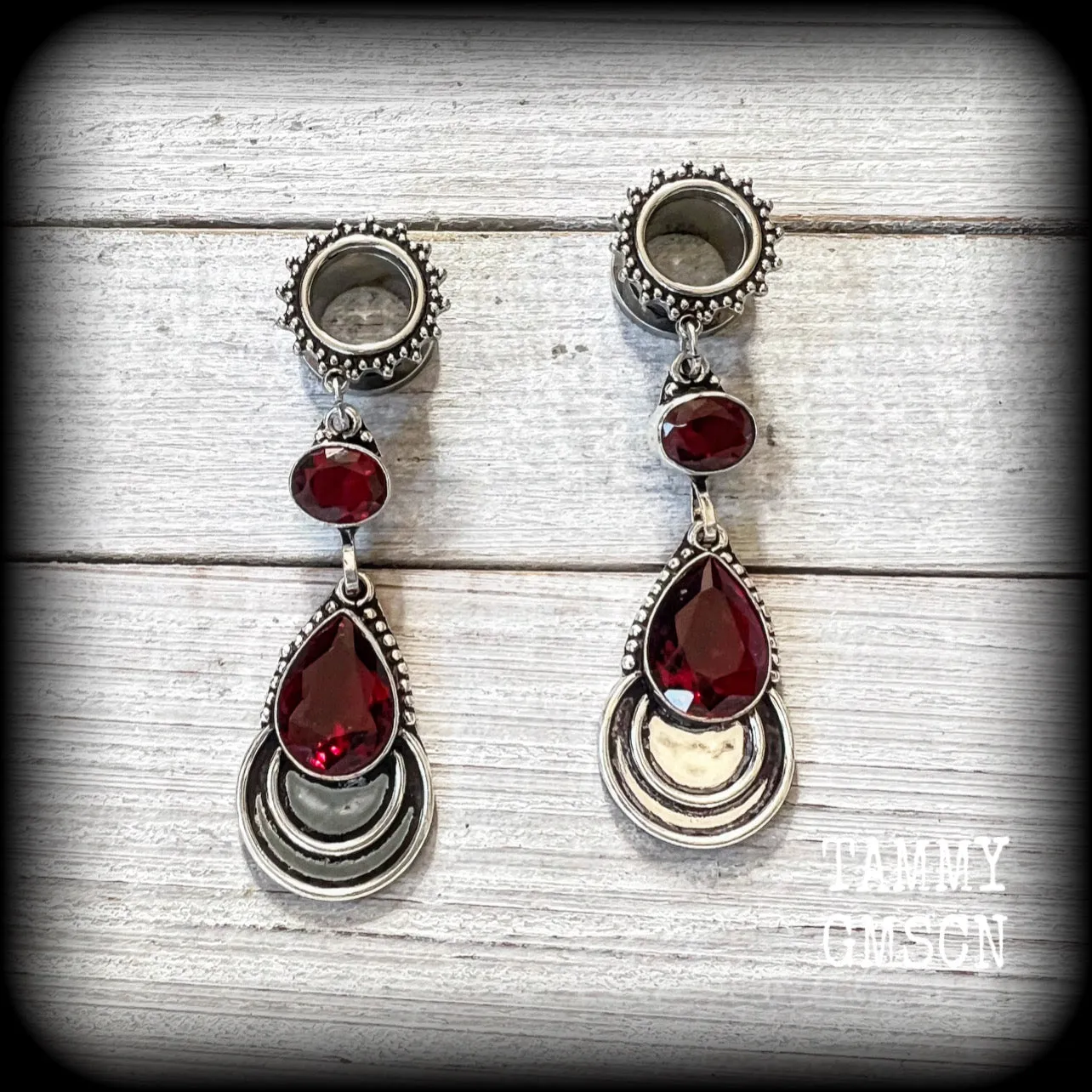 Garnet gemstone tunnel dangles-Garnet gauged earrings