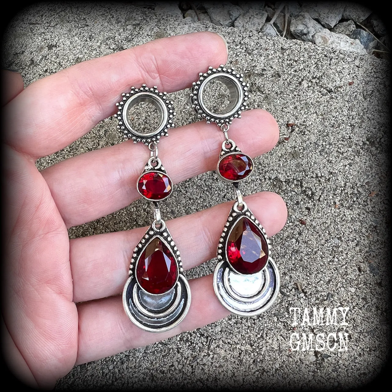 Garnet gemstone tunnel dangles-Garnet gauged earrings