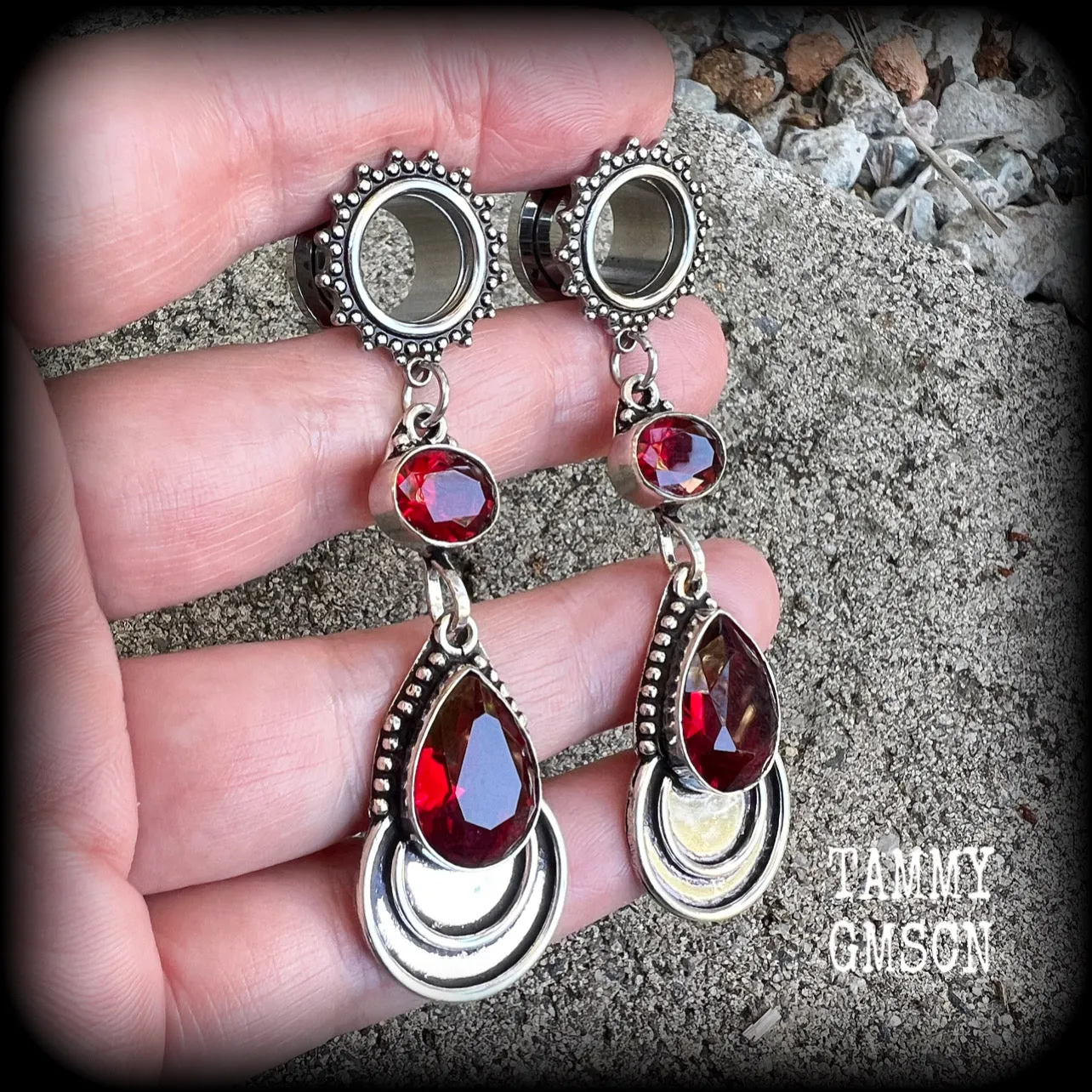 Garnet gemstone tunnel dangles-Garnet gauged earrings