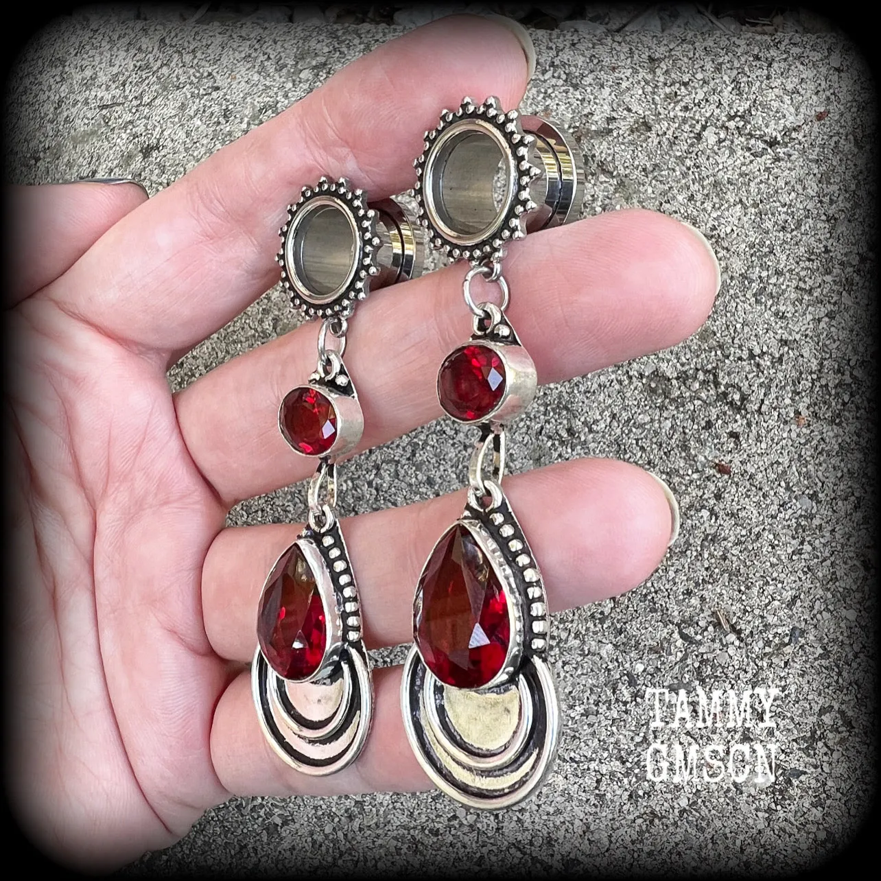 Garnet gemstone tunnel dangles-Garnet gauged earrings