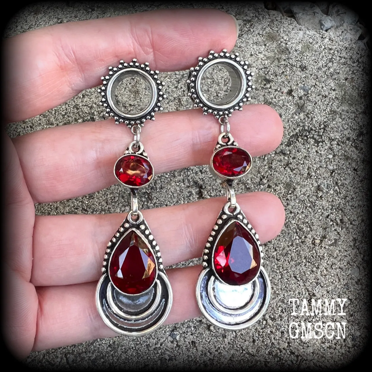 Garnet gemstone tunnel dangles-Garnet gauged earrings