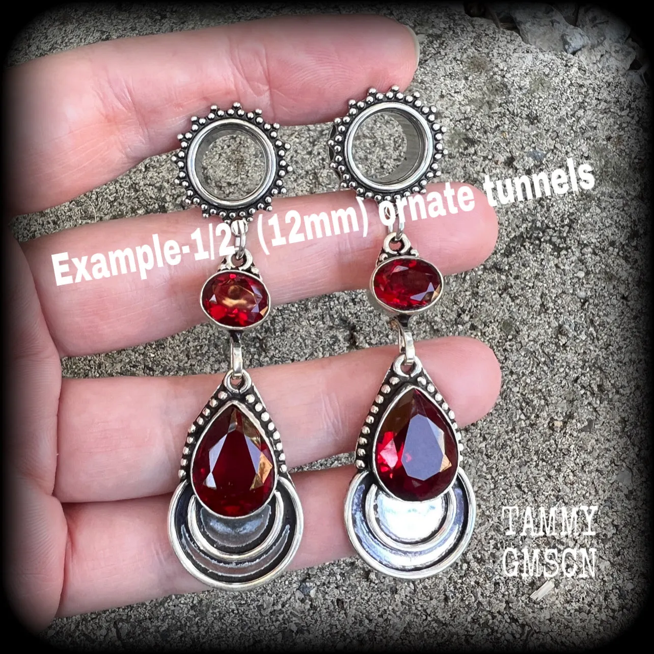 Garnet gemstone tunnel dangles-Garnet gauged earrings