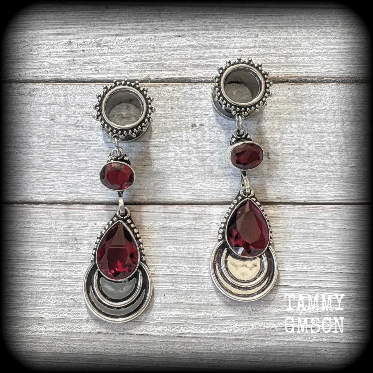 Garnet gemstone tunnel dangles-Garnet gauged earrings