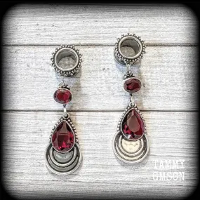 Garnet gemstone tunnel dangles-Garnet gauged earrings