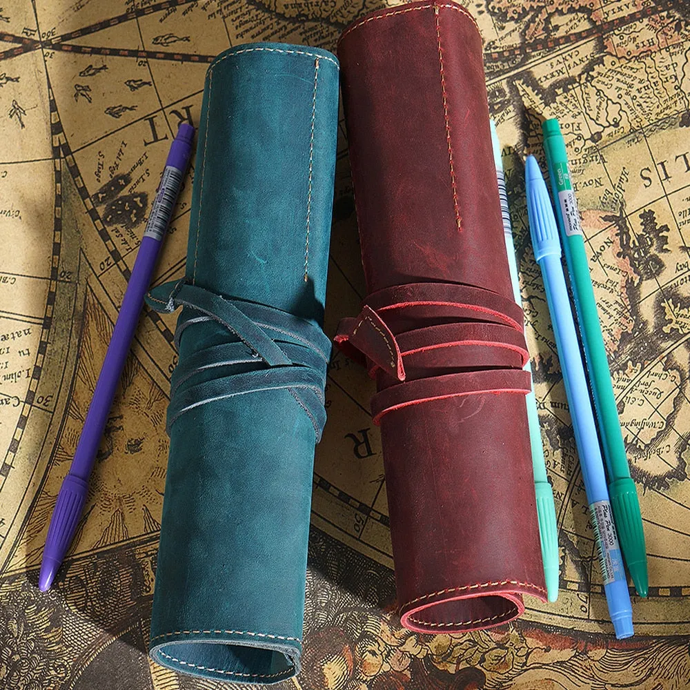 Genuine Leather Rollup Pen Roll Pencil Roll Pencil Bag Pen Large Storage Pouch Organizer Case School Pencil Roll Office Vintage Retro St