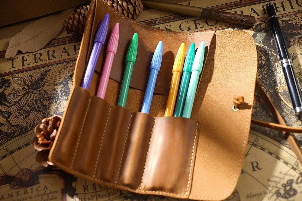 Genuine Leather Rollup Pen Roll Pencil Roll Pencil Bag Pen Large Storage Pouch Organizer Case School Pencil Roll Office Vintage Retro St