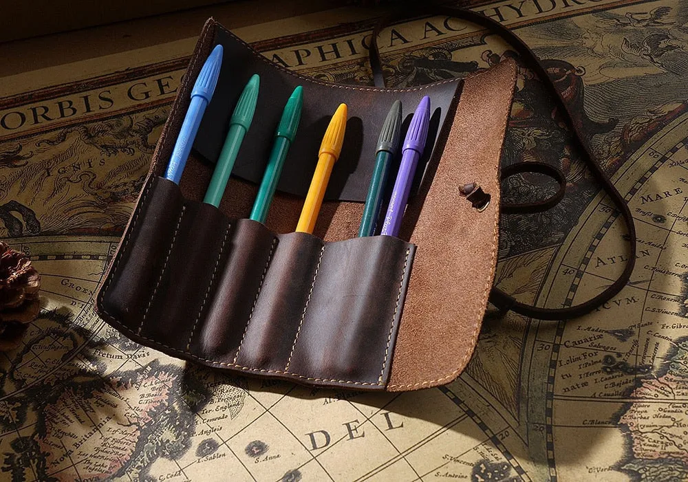 Genuine Leather Rollup Pen Roll Pencil Roll Pencil Bag Pen Large Storage Pouch Organizer Case School Pencil Roll Office Vintage Retro St