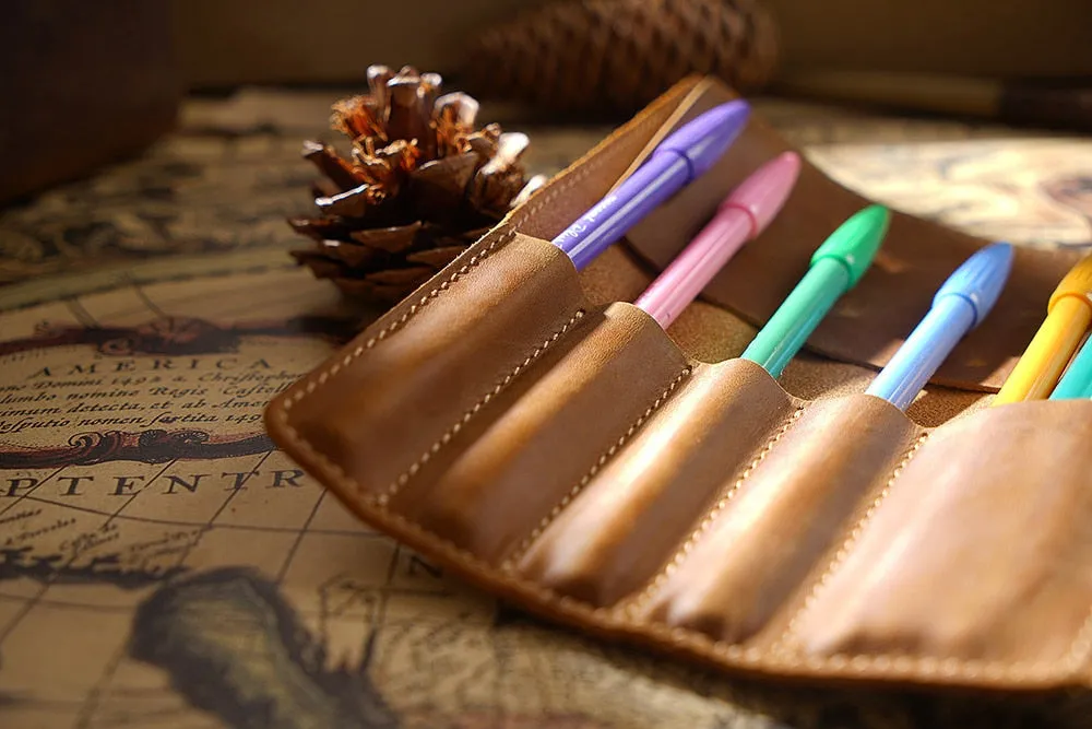 Genuine Leather Rollup Pen Roll Pencil Roll Pencil Bag Pen Large Storage Pouch Organizer Case School Pencil Roll Office Vintage Retro St
