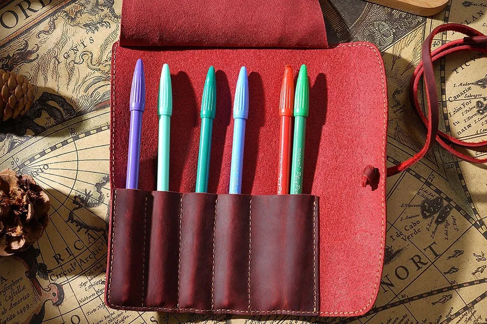Genuine Leather Rollup Pen Roll Pencil Roll Pencil Bag Pen Large Storage Pouch Organizer Case School Pencil Roll Office Vintage Retro St
