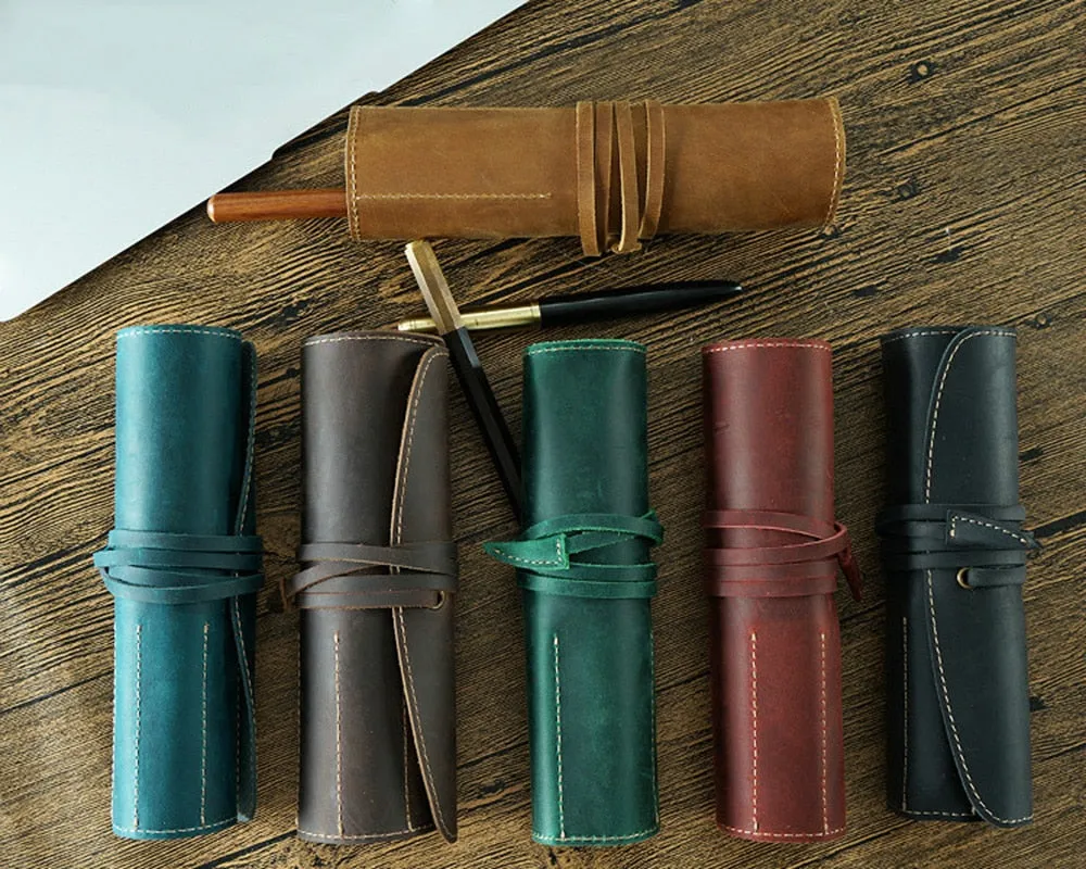 Genuine Leather Rollup Pen Roll Pencil Roll Pencil Bag Pen Large Storage Pouch Organizer Case School Pencil Roll Office Vintage Retro St