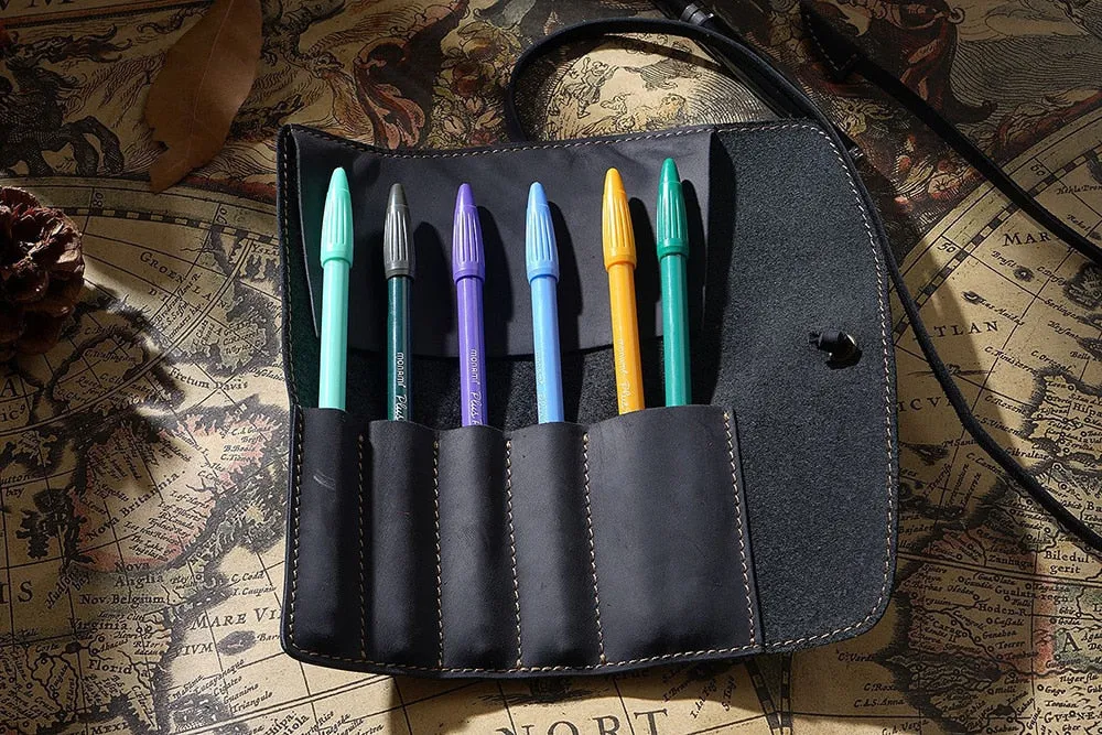 Genuine Leather Rollup Pen Roll Pencil Roll Pencil Bag Pen Large Storage Pouch Organizer Case School Pencil Roll Office Vintage Retro St
