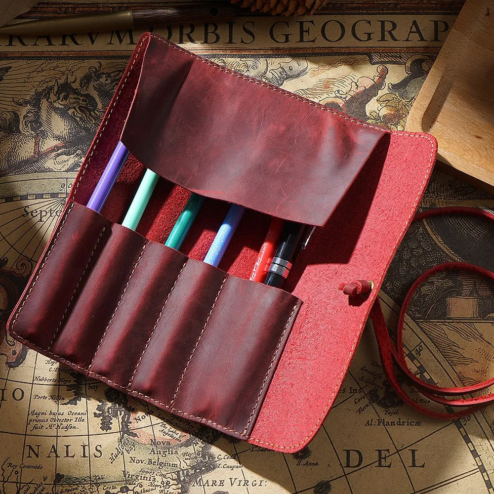 Genuine Leather Rollup Pen Roll Pencil Roll Pencil Bag Pen Large Storage Pouch Organizer Case School Pencil Roll Office Vintage Retro St