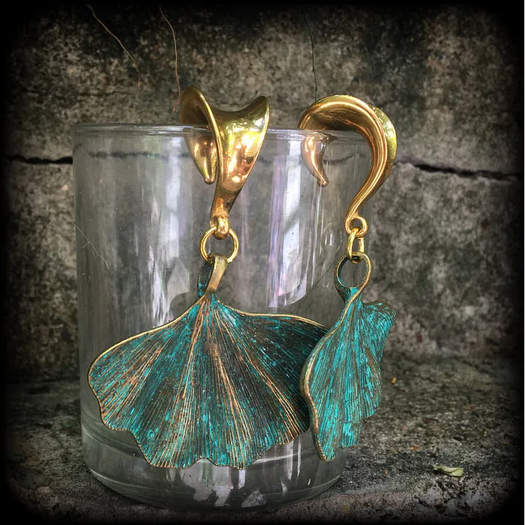 Ginkgo leaf gauged earrings-Lotus leaf ear hangers