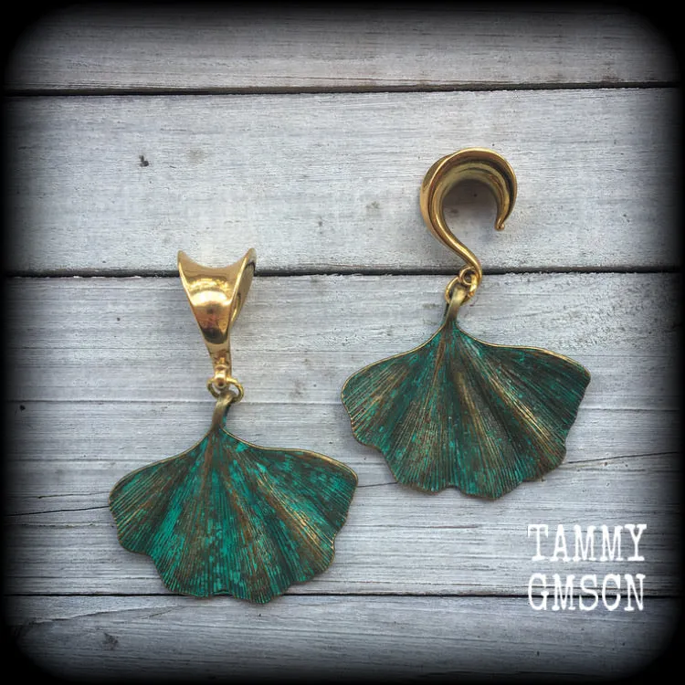Ginkgo leaf gauged earrings-Lotus leaf ear hangers