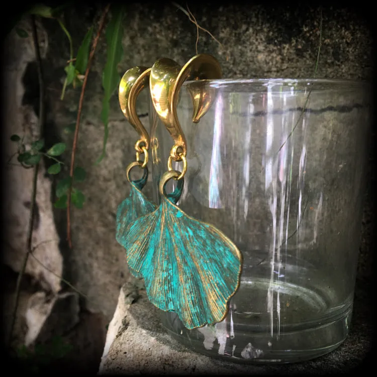 Ginkgo leaf gauged earrings-Lotus leaf ear hangers