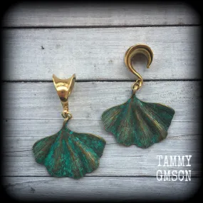 Ginkgo leaf gauged earrings-Lotus leaf ear hangers