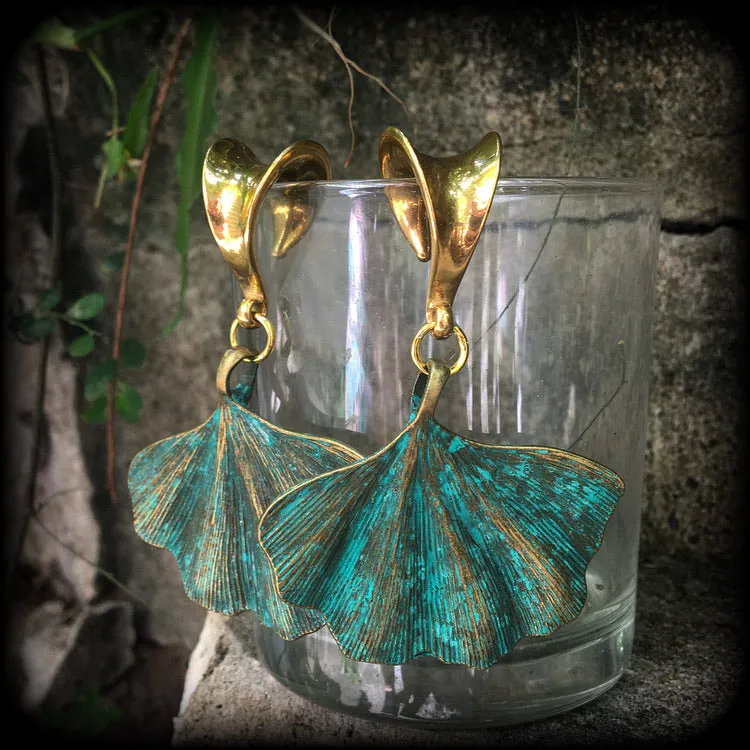 Ginkgo leaf gauged earrings-Lotus leaf ear hangers
